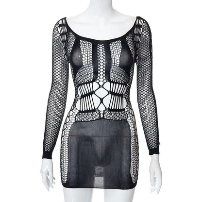 Fishnet Long Sleeve Hollow Out See Through Cut Out Mini Dress