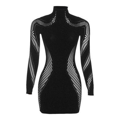 Hollow Out Solid Long Sleeve Fishnet High Neck Cut Out Mini Dress