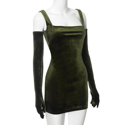 Velvet Sleeveless Gloves Solid Square Neck Mini Dress