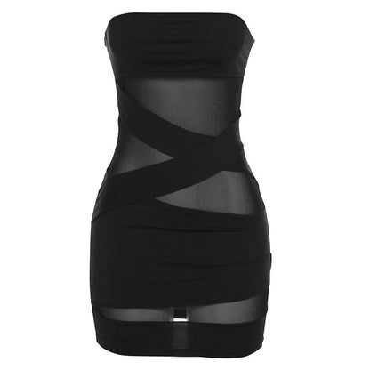 Cross Front Solid Mesh Backless Patchwork Tube Mini Dress