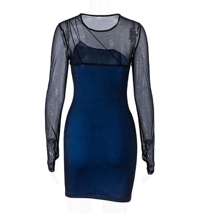 Long Sleeve Gloves Mesh Patchwork Stitch Contrast Mini Dress