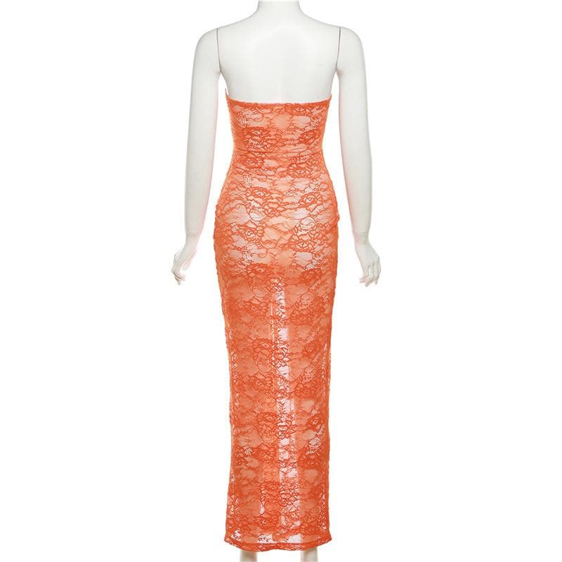 Backless Lace See Through Ruched Knotted Solid Maxi Dress