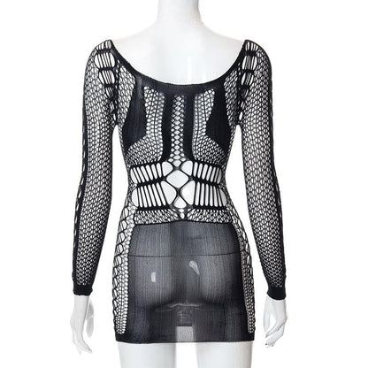 Fishnet Long Sleeve Hollow Out See Through Cut Out Mini Dress