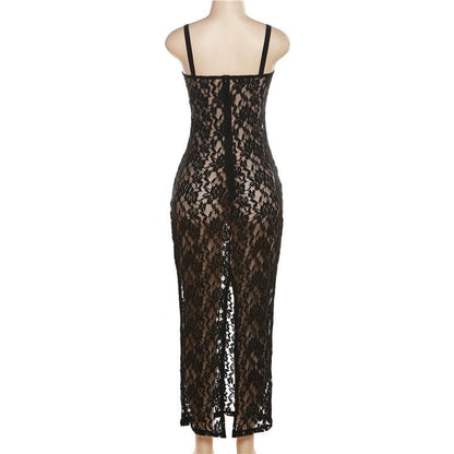 Lace Solid Zip-Up See Through Sleeveless Backless Maxi Dress