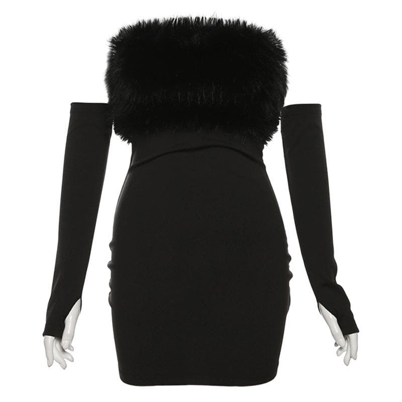 Furry Gloves Solid Backless Tube Mini Dress