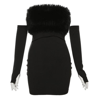 Furry Gloves Solid Backless Tube Mini Dress