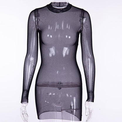 Sheer Mesh See Through Solid Long Sleeve Mini Bodycon Dress