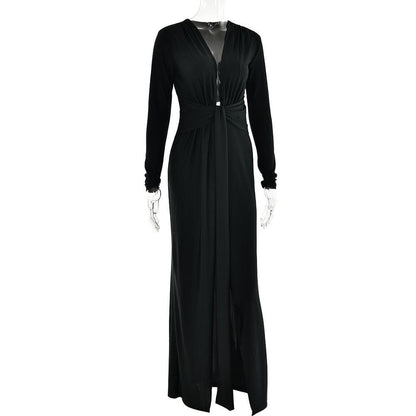 Long Sleeve V Neck Ruched Slit Solid Irregular Maxi Dress