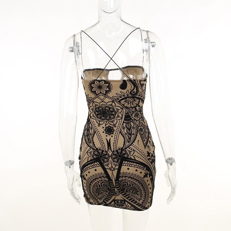 Mesh Contrast Hollow Out Cross Back Velvet Cut Out Mini Dress