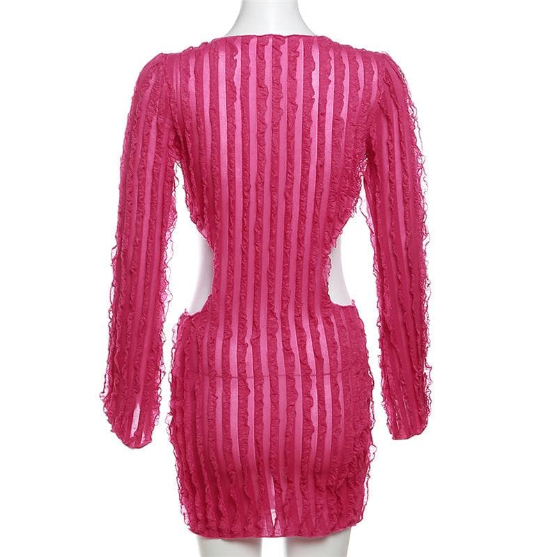 Long Sleeve Textured V Neck Hollow Out Ruffle Cut Out Mini Dress