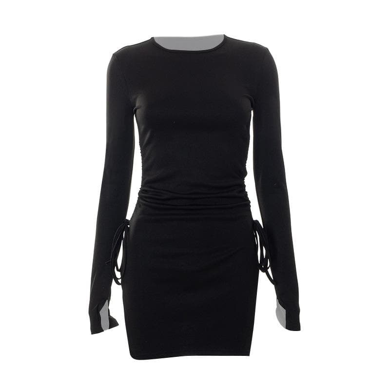 Drawstring Slit Long Sleeve Crewneck Solid Mini Dress