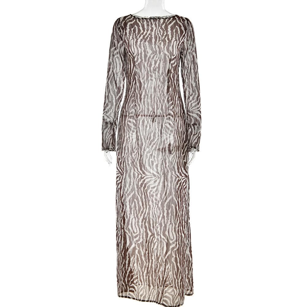 Sheer Mesh See Through Zebra Print Long Sleeve Zip-Up Contrast Maxi Dress