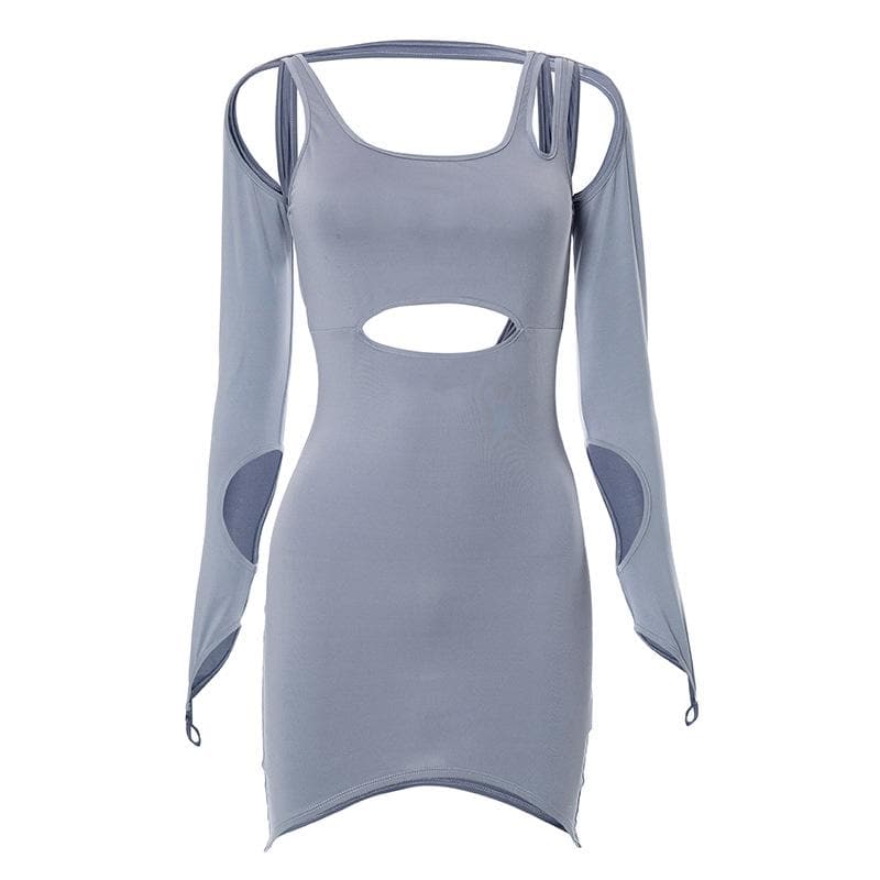 Hollow Out Irregular Solid Gloves Backless Cut Out Mini Dress