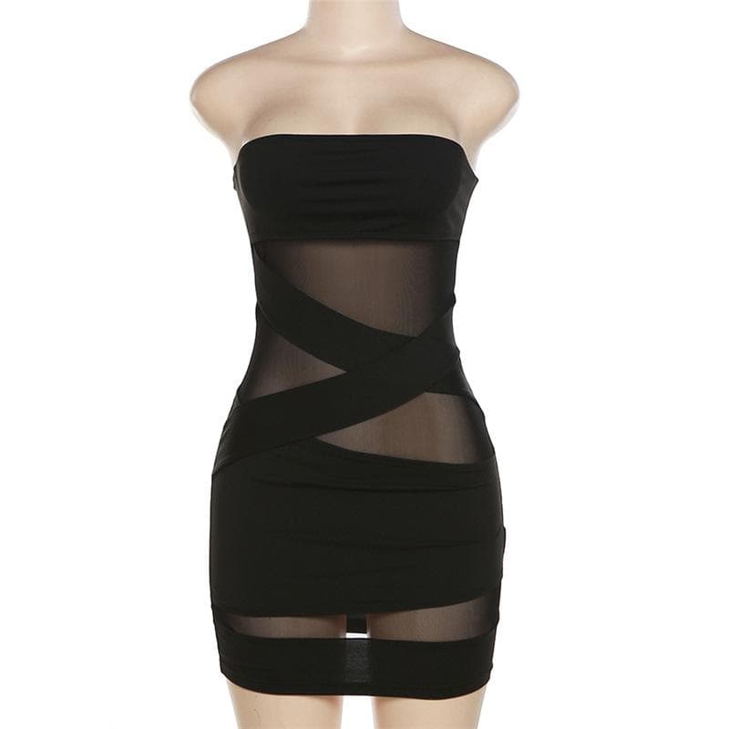 Cross Front Solid Mesh Backless Patchwork Tube Mini Dress