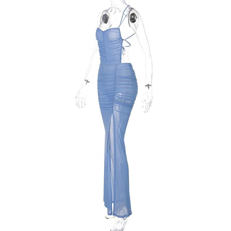 Backless Mesh Cross Back Ruched Slit Self Tie Solid Maxi Dress