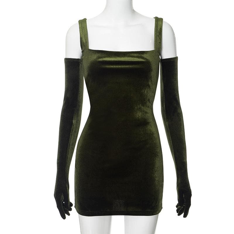 Velvet Sleeveless Gloves Solid Square Neck Mini Dress