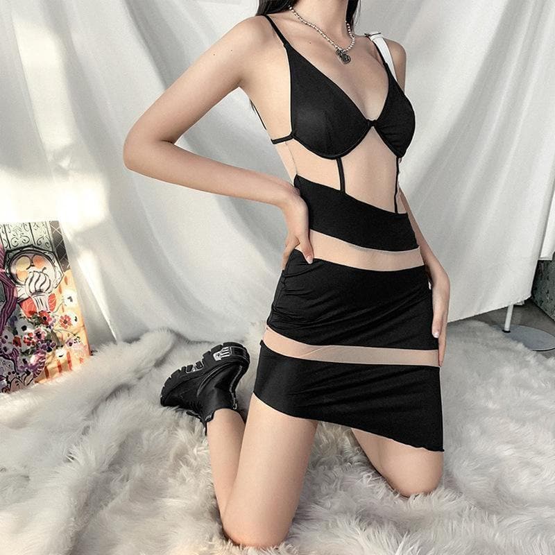 V Neck Mesh Patchwork Cami Irregular Dress