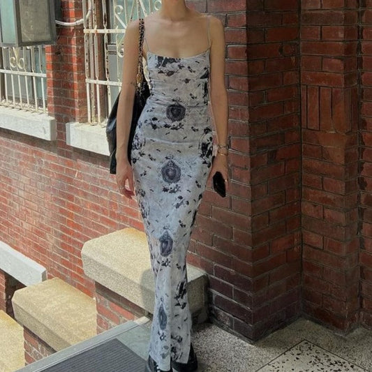 Low Cut Flower Pattern Square Neck Backless Cami Midi Dress