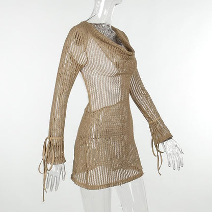 Crochet See Through Cowl Neck Long Sleeve Hollow Out Cut Out Mini Dress