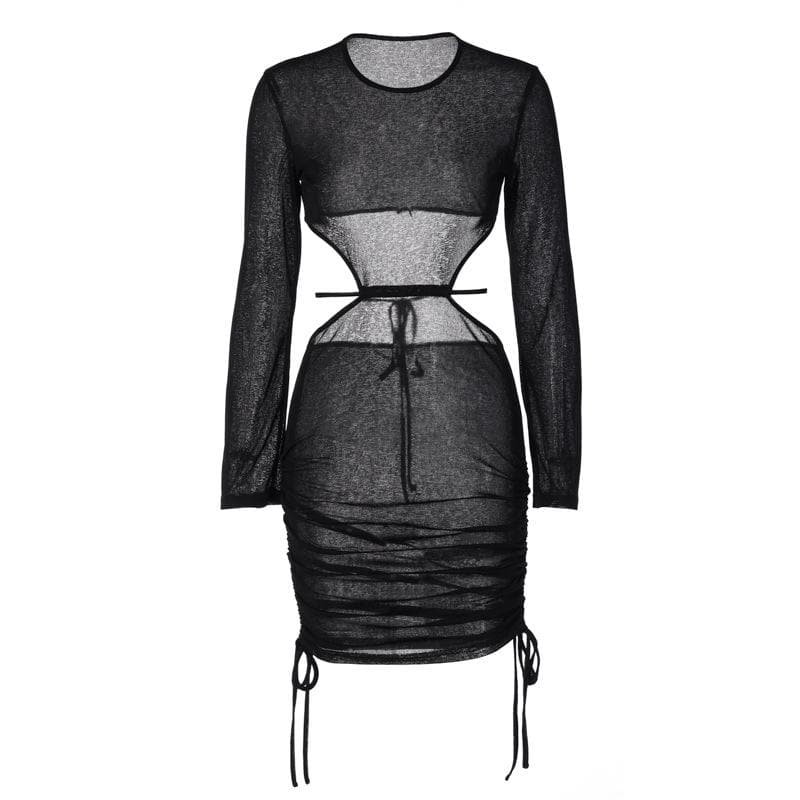 See Through Long Sleeve Ruched Open Back Drawstring Dress