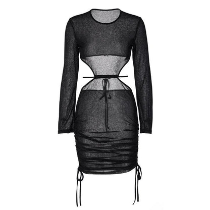 See Through Long Sleeve Ruched Open Back Drawstring Dress