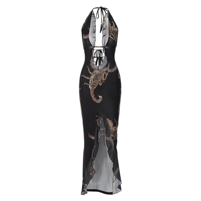 binfenxie Halter Self Tie Backless Slit Ruffle Scorpion Print Contrast Maxi Dress