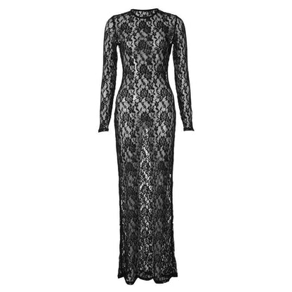 Lace See Through Long Sleeve Solid Crewneck Maxi Dress