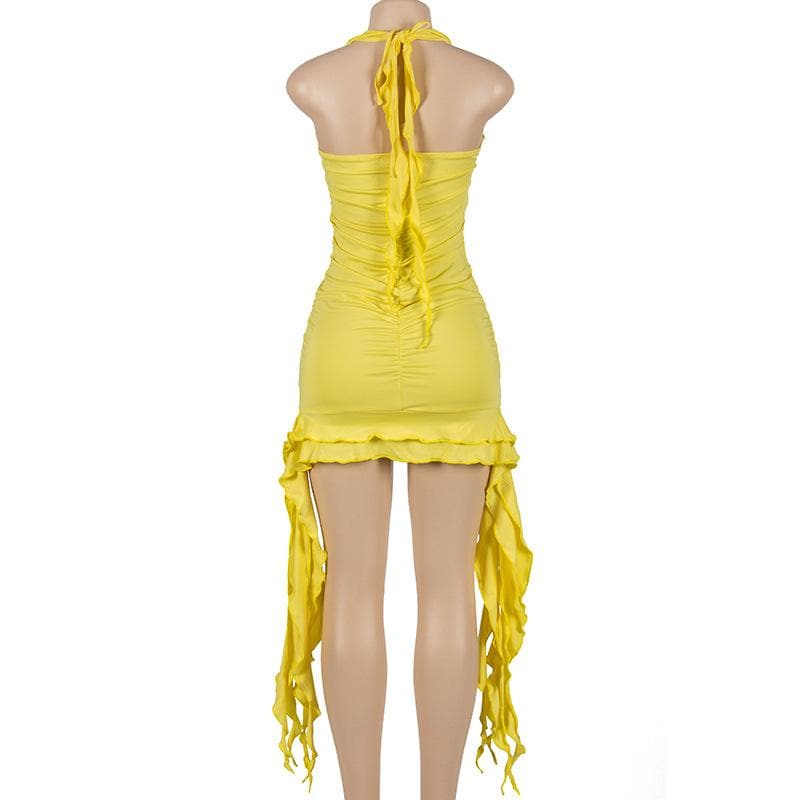 Self Tie Halter Ruffle Ruched V Neck Ribbon Backless Mini Dress