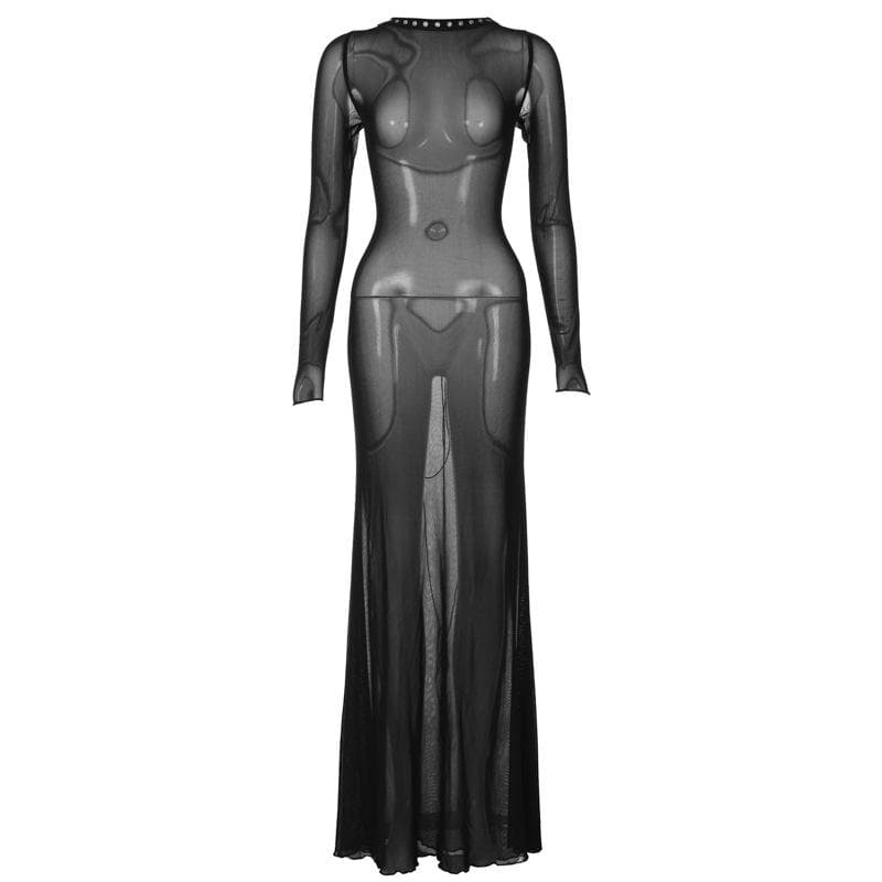 Long Sleeve Lace Up Sheer Mesh See Through Maxi Dress