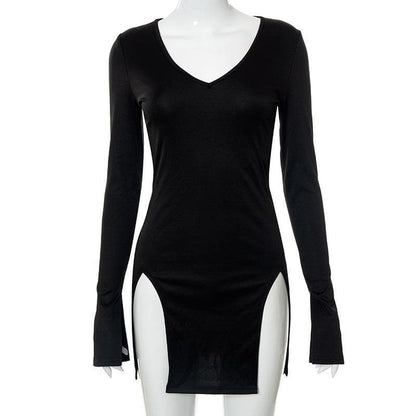 Long Sleeve Deep V Neck Slit Solid Mini Dress