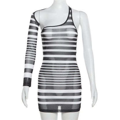 Irregular Sheer Mesh See Through One Shoulder Striped Mini Dress