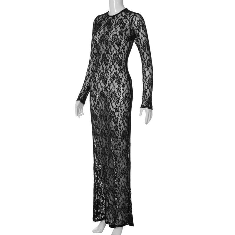 Lace See Through Long Sleeve Solid Crewneck Maxi Dress