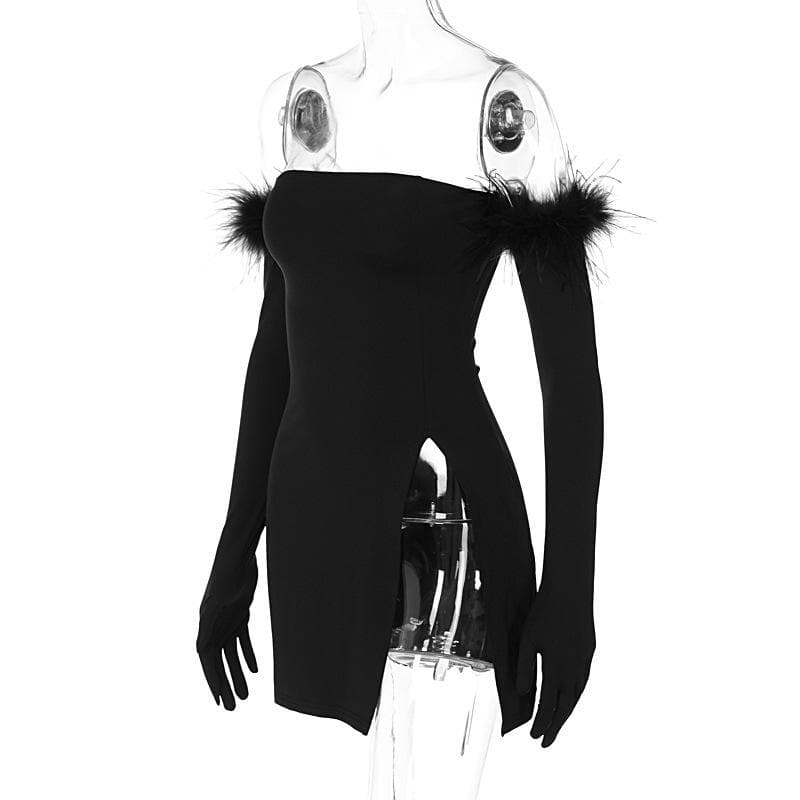 Feather Solid Slit Backless Gloves Tube Mini Dress