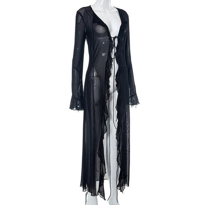 Flared Sleeve Ruffle Sheer Mesh See Through Self Tie Maxi Dress