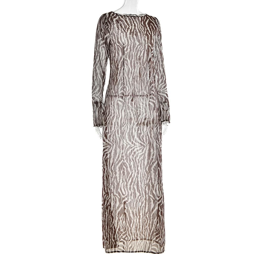 Sheer Mesh See Through Zebra Print Long Sleeve Zip-Up Contrast Maxi Dress