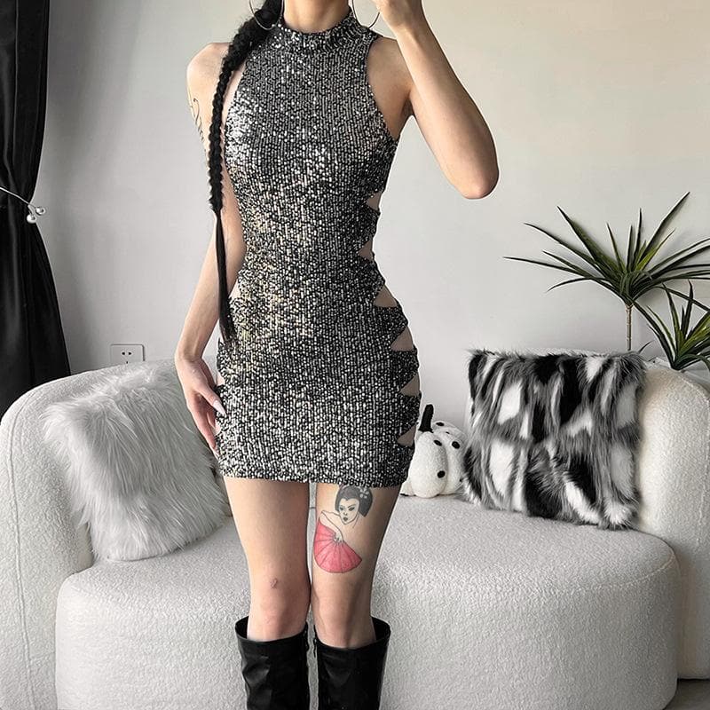 Glitter Hollow Out High Neck Button Sleeveless Cut Out Mini Dress