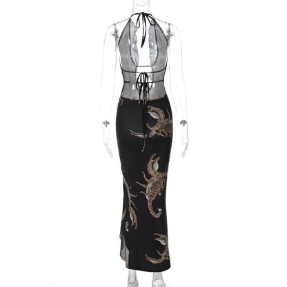 binfenxie Halter Self Tie Backless Slit Ruffle Scorpion Print Contrast Maxi Dress