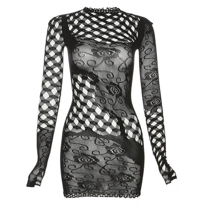 Fishnet Long Sleeve Hollow Out See Through Irregular Cut Out Mini Dress