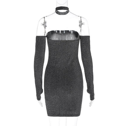 Textured Gloves Off Shoulder Long Sleeve Backless Mini Dress