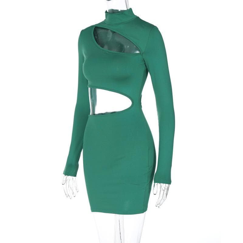 Long Sleeve High Neck Hollow Out Irregular Solid Cut Out Mini Dress