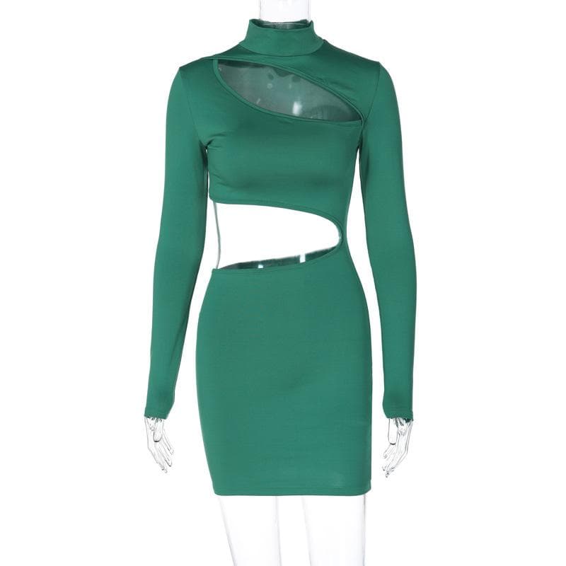 Long Sleeve High Neck Hollow Out Irregular Solid Cut Out Mini Dress