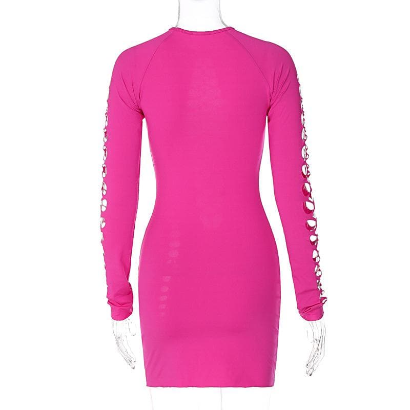 Hollow Out Long Sleeve Solid Crewneck Cut Out Mini Dress