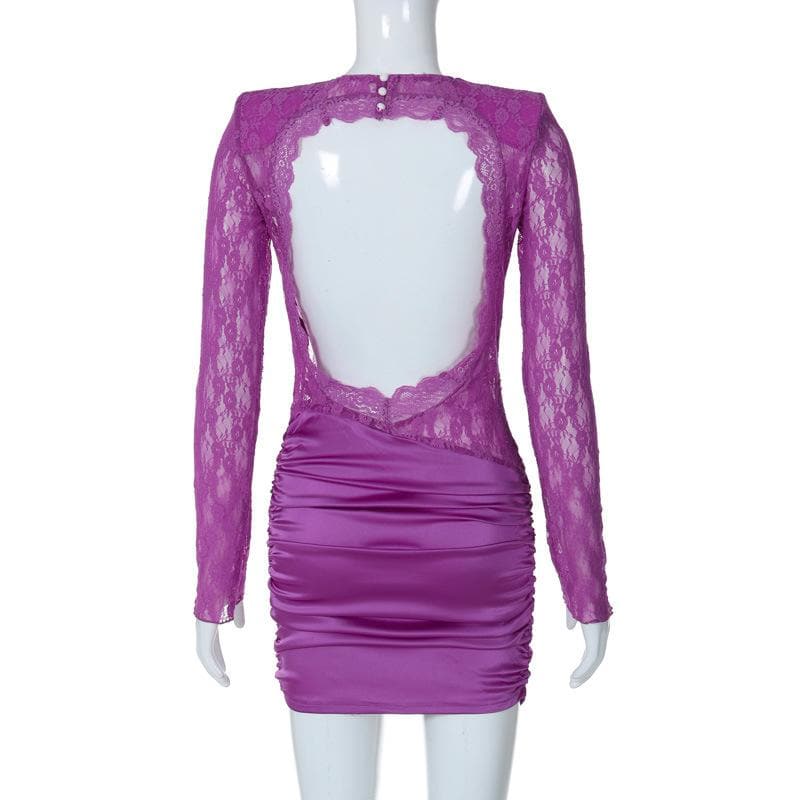 Lace See Through Satin Ruched Hollow Out Long Sleeve Cut Out Mini Dress