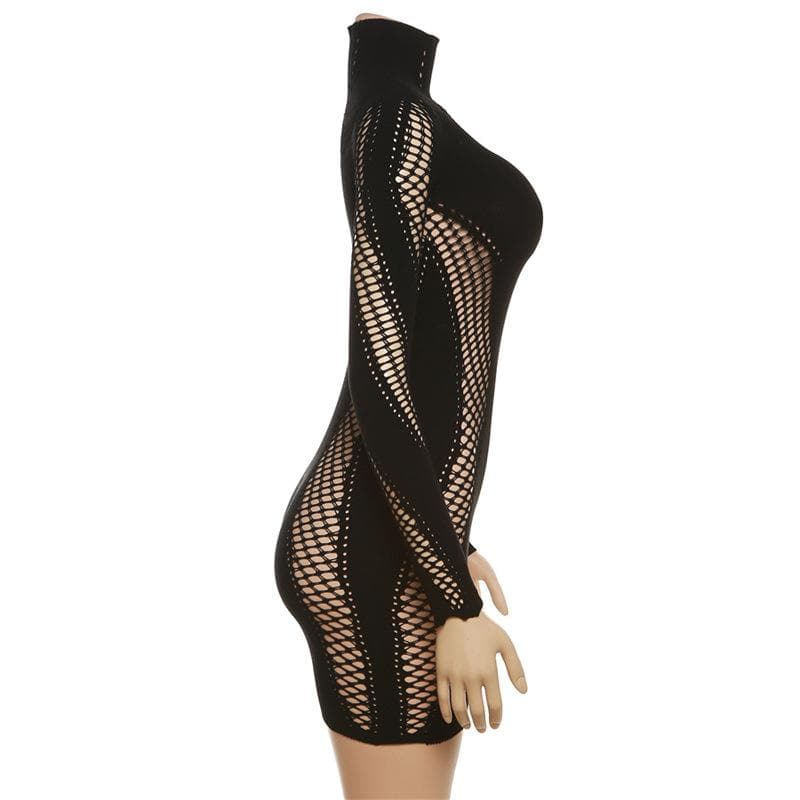 Hollow Out Solid Long Sleeve Fishnet High Neck Cut Out Mini Dress