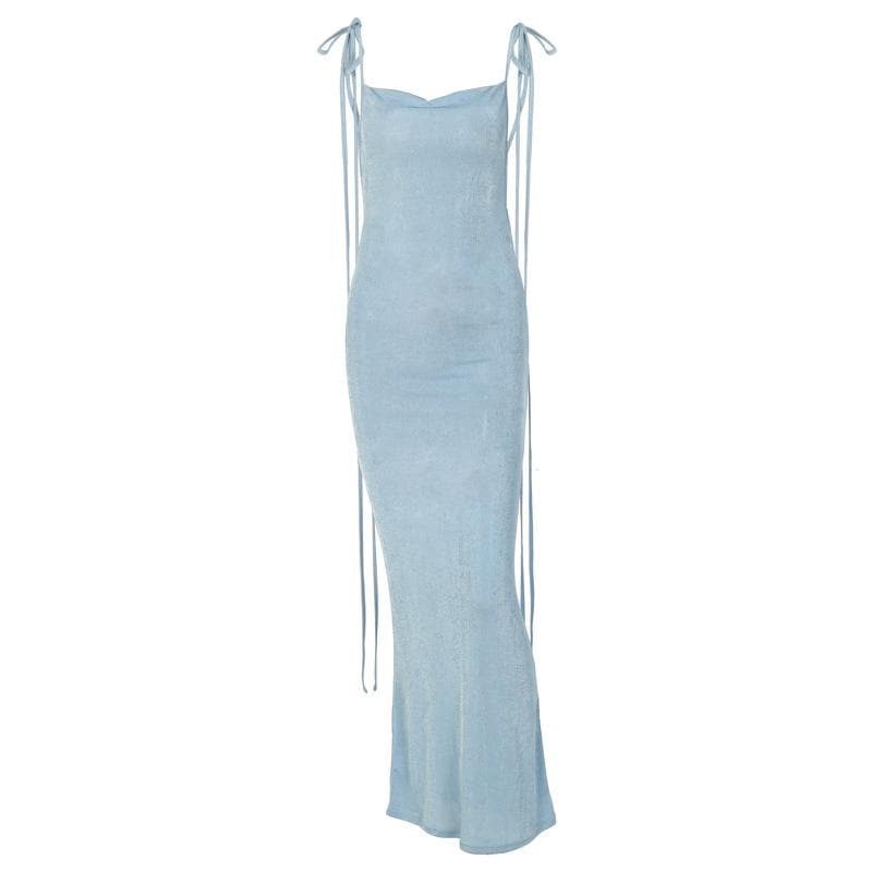 Cowl Neck Backless Self Tie Solid Ruched Maxi Dress