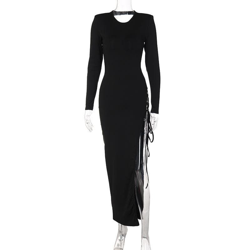 Lace Up Irregular Long Sleeve Hollow Out Backless Cut Out Maxi Dress