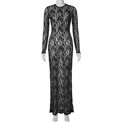 Lace See Through Long Sleeve Solid Crewneck Maxi Dress