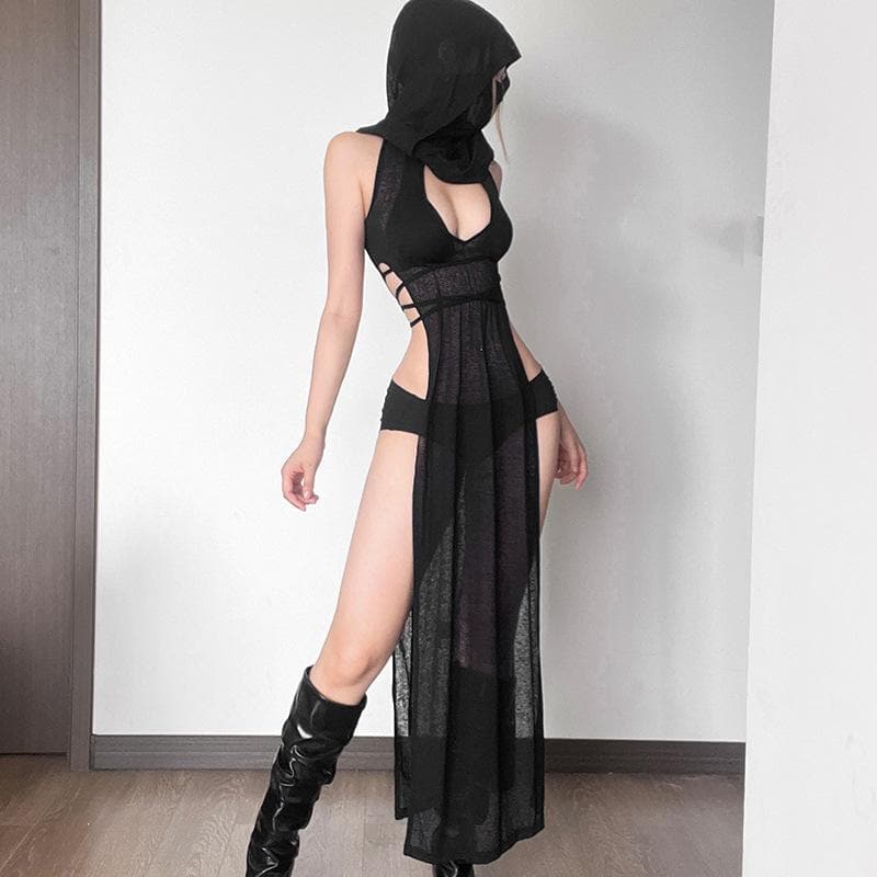 binfenxie Sleeveless Hoodie Low Cut Slit Self Tie Turtle Neck See Through Maxi Dress