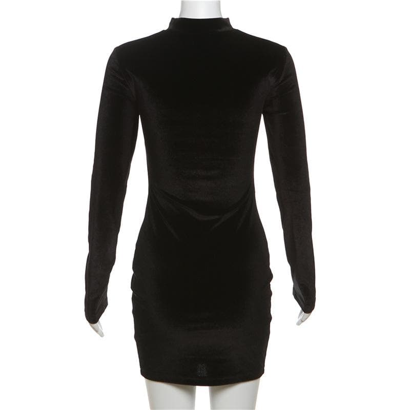 Long Sleeve High Neck Velvet Patchwork Mesh Mini Dress