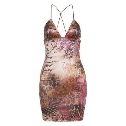 V Neck Butterfly Embroidery Backless Print Cross Back Cami Mini Dress